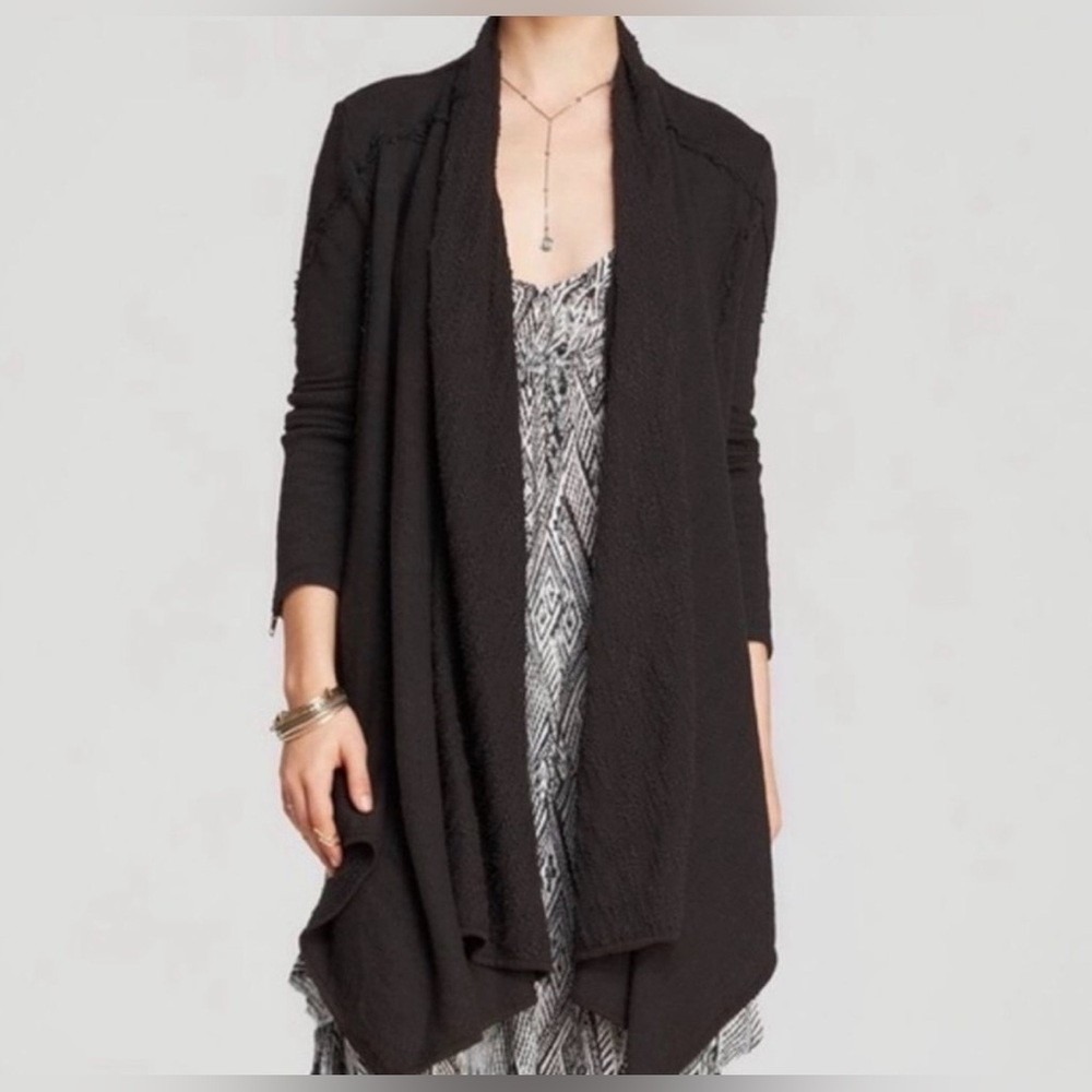 Free People In The Loop Open Front Waterfall Boho Cardigan Black Zip Sleeve Sz S